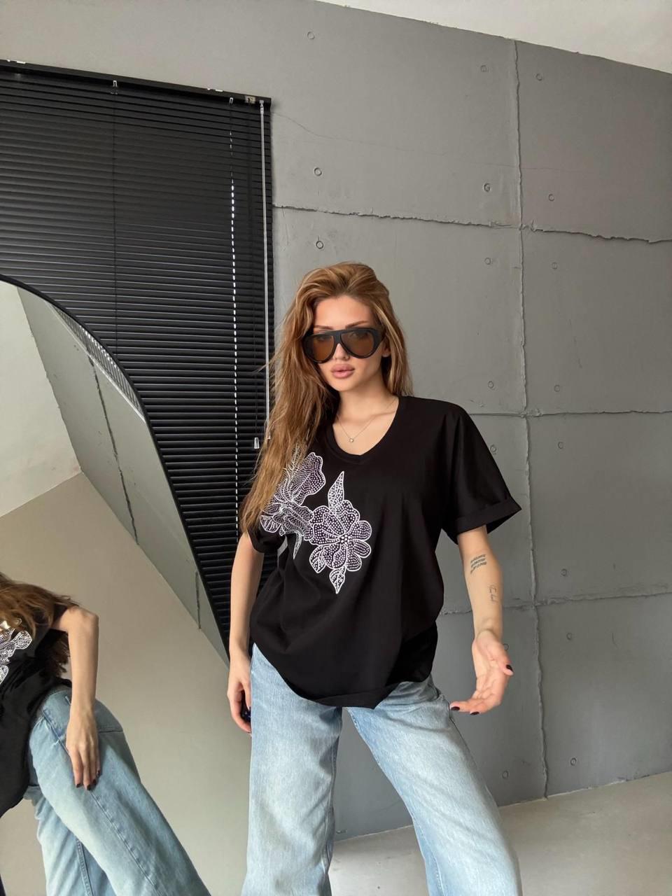 7668 Vyaka Taş Baskılı Yaprak Nakışlı Kısa Kol Tshirt