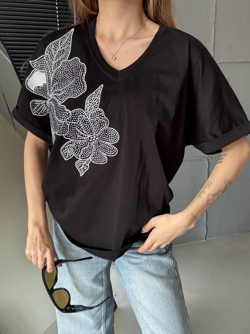 7668 Vyaka Taş Baskılı Yaprak Nakışlı Kısa Kol Tshirt