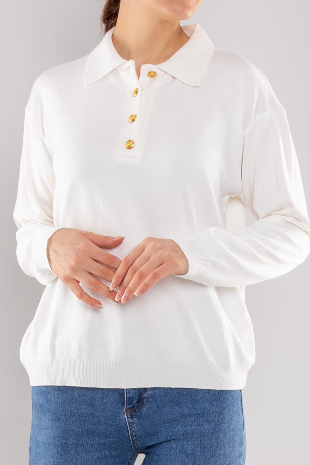 768 Gold Düğmeli Polo Yaka Triko Kadın Kazak