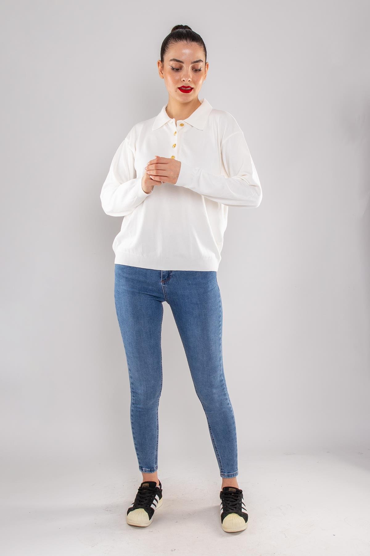 768 Gold Düğmeli Polo Yaka Triko Kadın Kazak