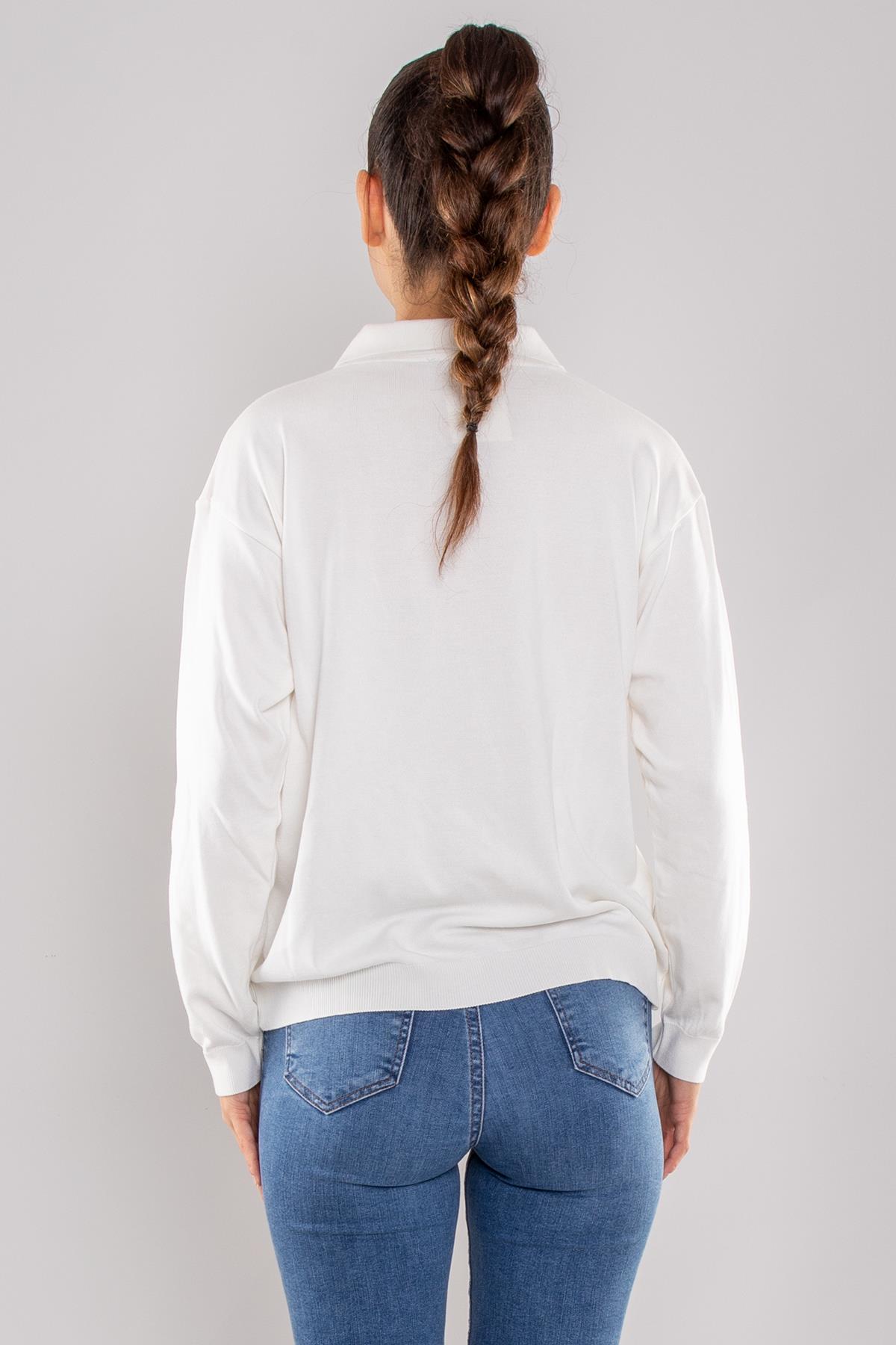 768 Gold Düğmeli Polo Yaka Triko Kadın Kazak