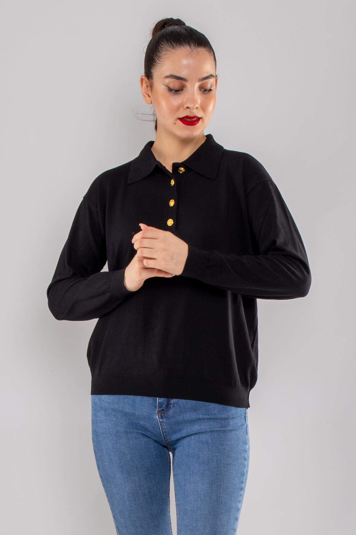 768 Gold Düğmeli Polo Yaka Triko Kadın Kazak