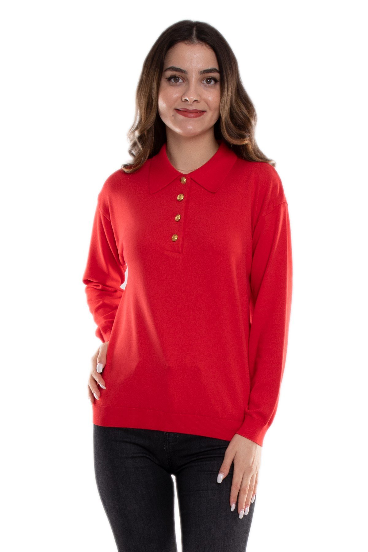 768 Gold Düğmeli Polo Yaka Triko Kadın Kazak