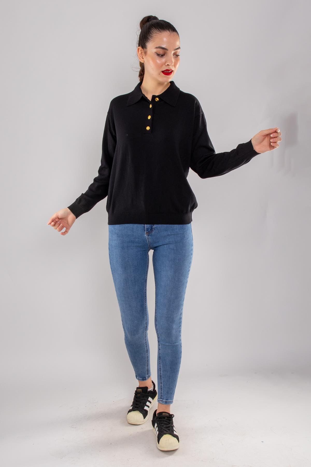 768 Gold Düğmeli Polo Yaka Triko Kadın Kazak