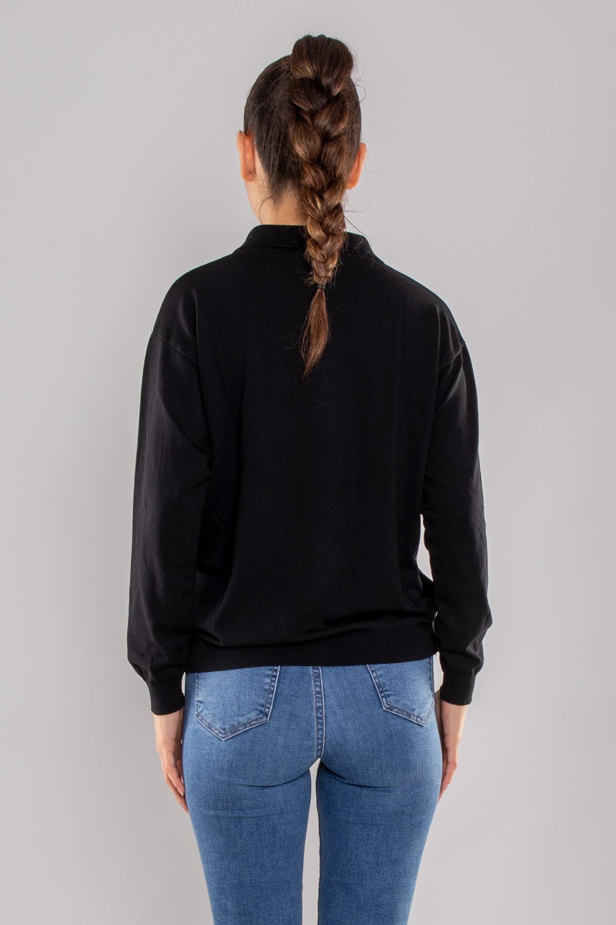 768 Gold Düğmeli Polo Yaka Triko Kadın Kazak