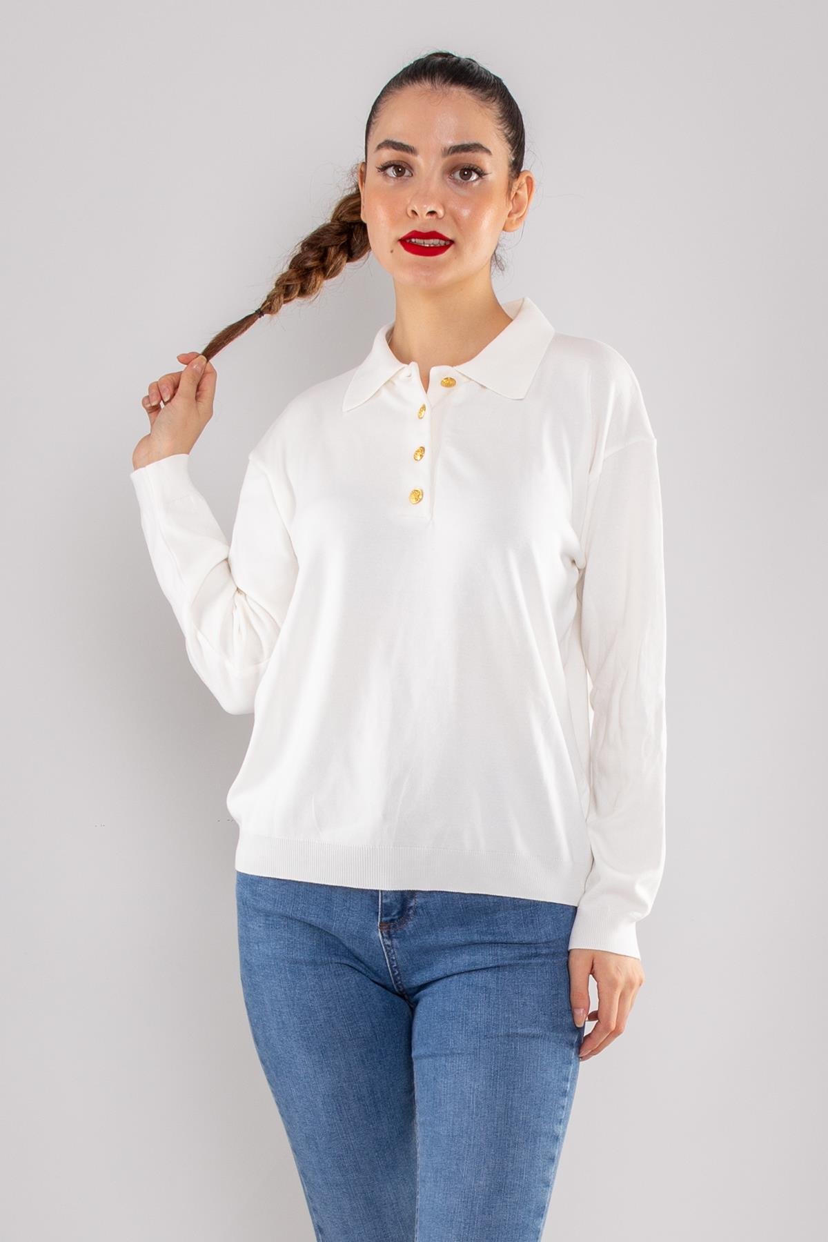 768 Gold Düğmeli Polo Yaka Triko Kadın Kazak