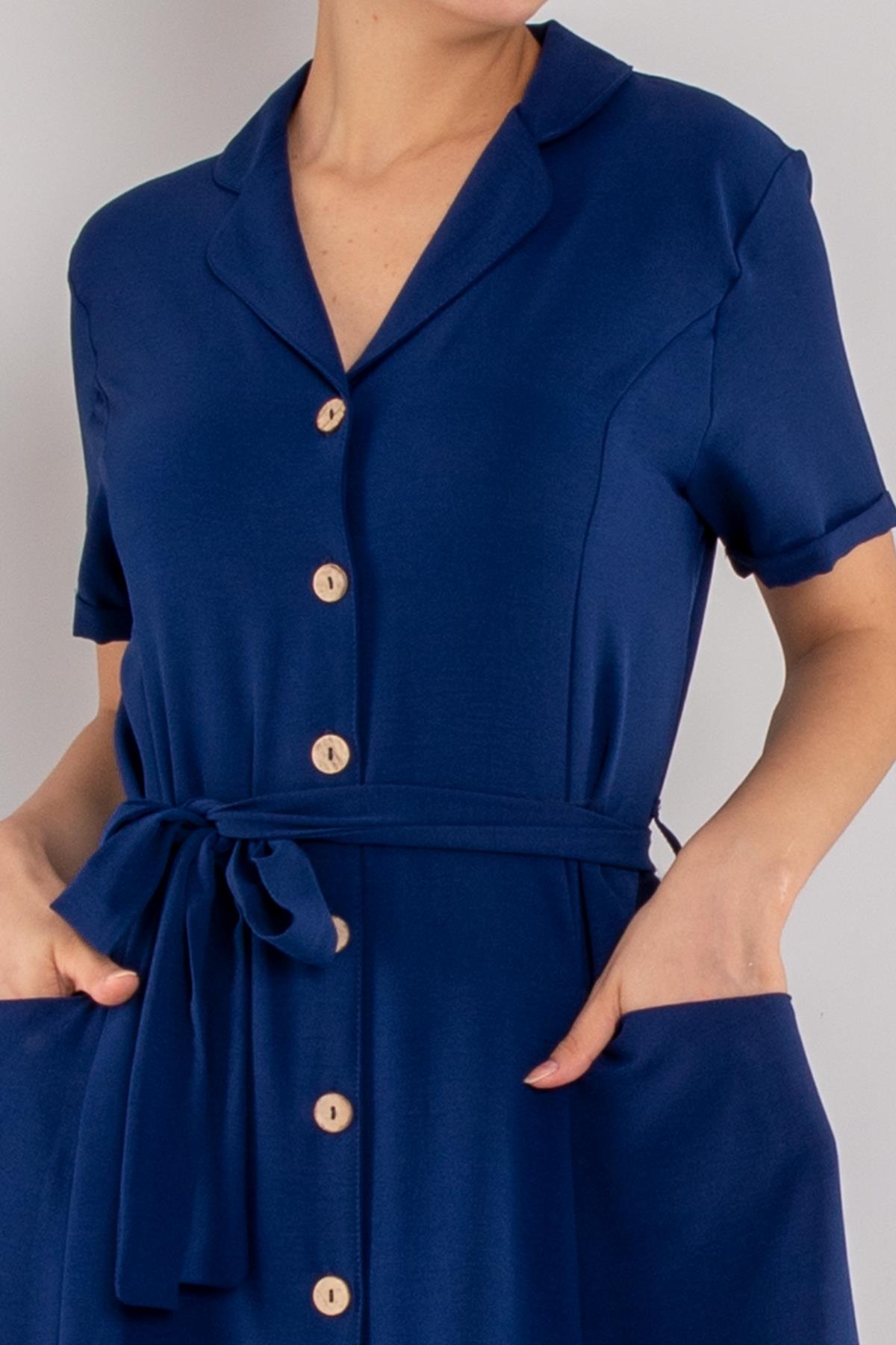 77389 Yakalı Cepli Düğmeli Midiboy Krep Gömlek Elbise