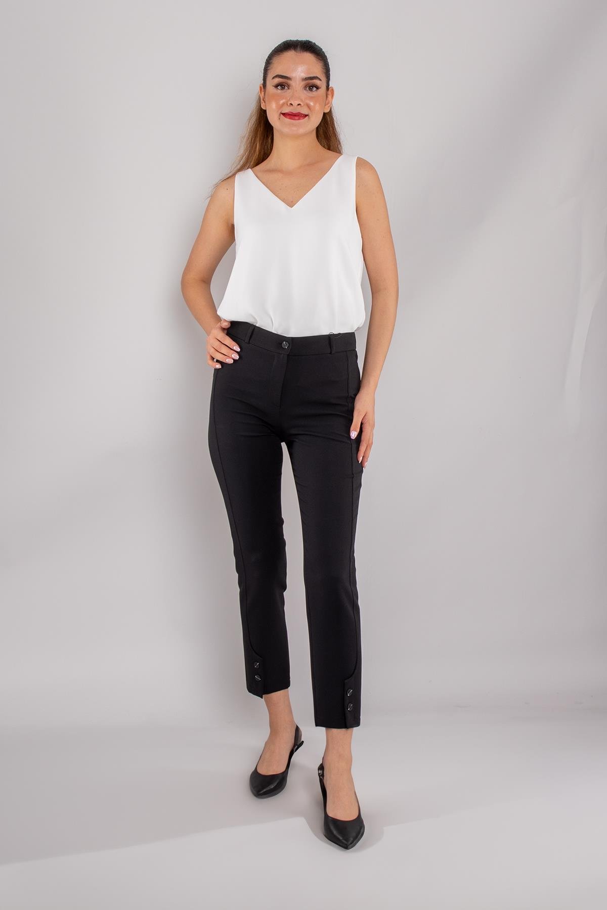 79301 Paça Düğmeli Yandan Çımalı Krep Kumaş Kadın Pantolon