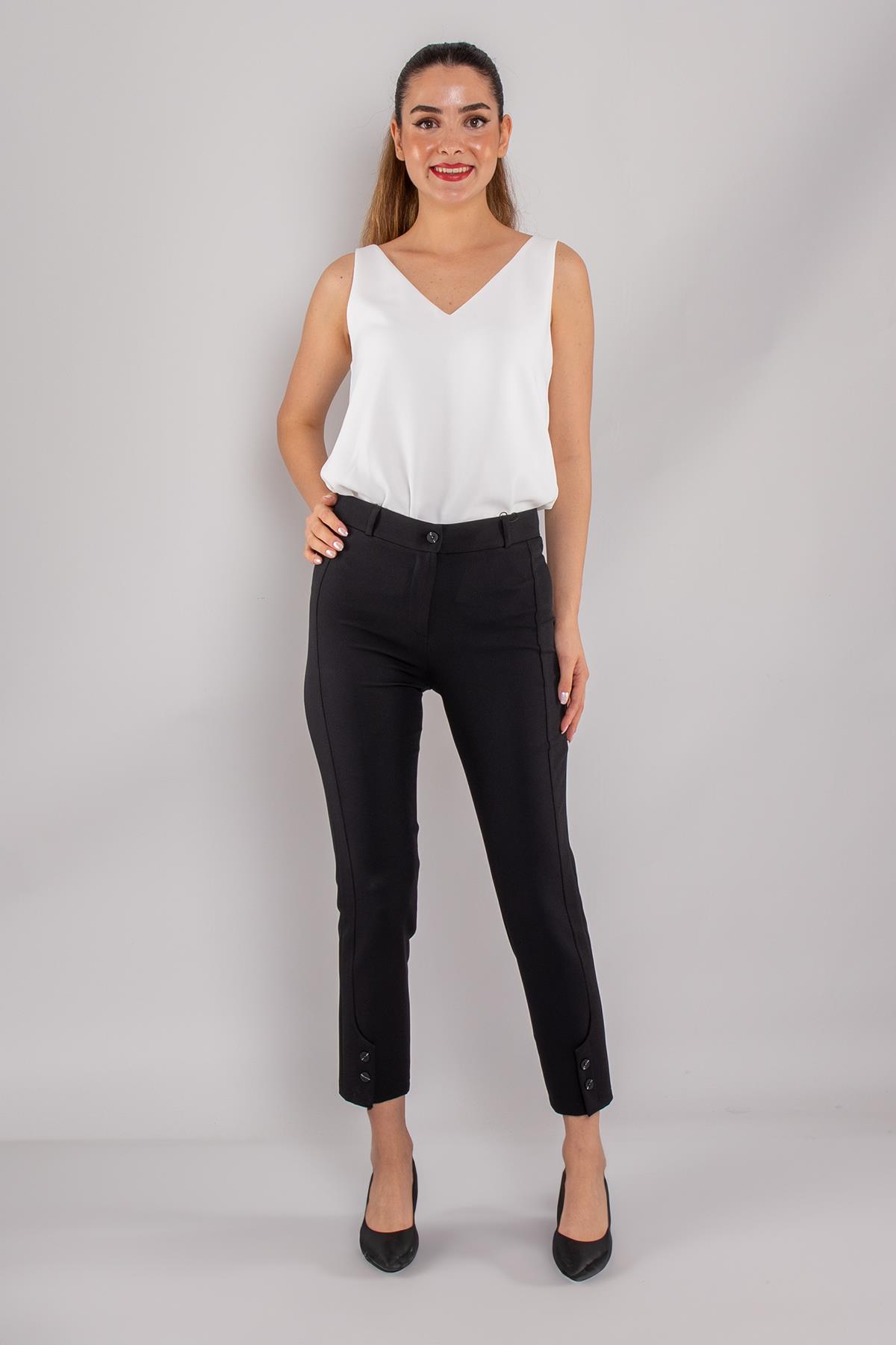 79301 Paça Düğmeli Yandan Çımalı Krep Kumaş Kadın Pantolon