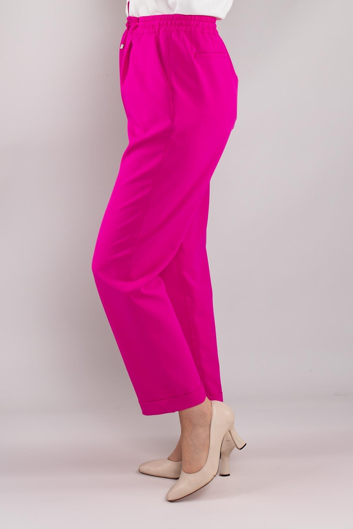 79675 Bel İpli Lastikli Duble Paça Krep  Kumaş Kadın Pantolon