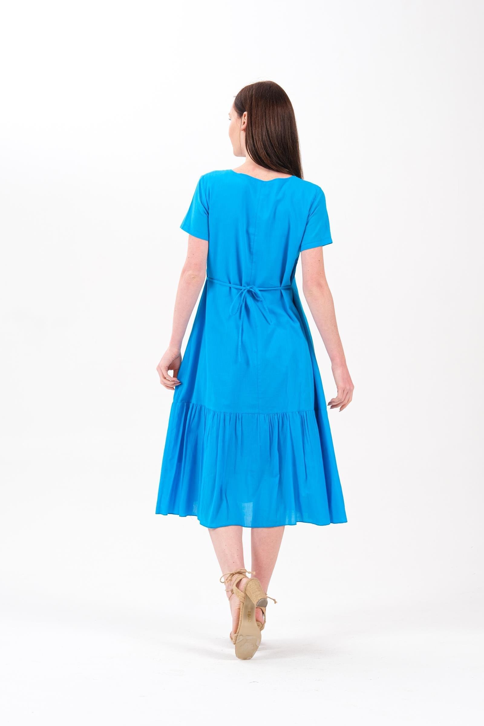 8012 Papatya Nakışlı Kısa Kol Pamuk Otantik Elbise