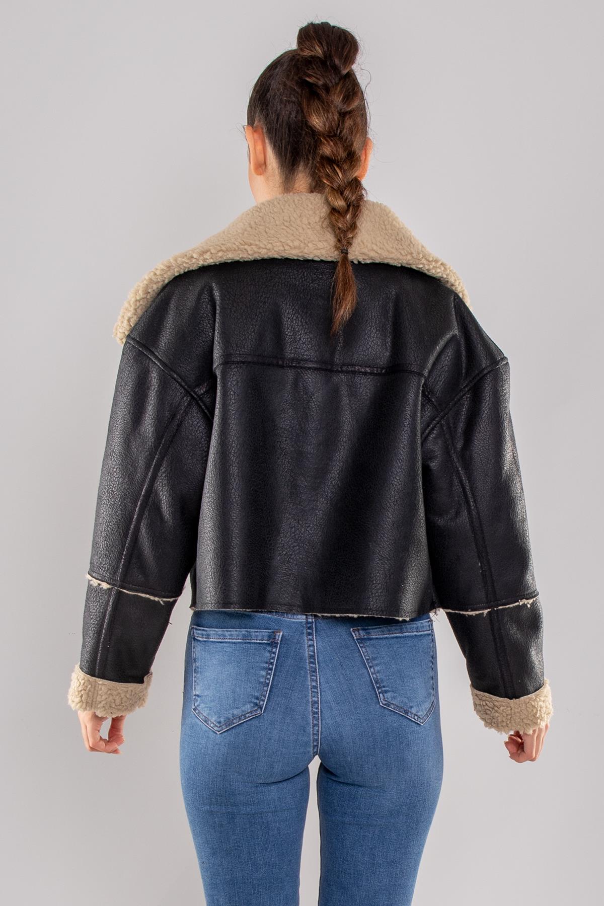 8025 İçi Kürklü Crop Fermuarlı Kadın Deri Ceket