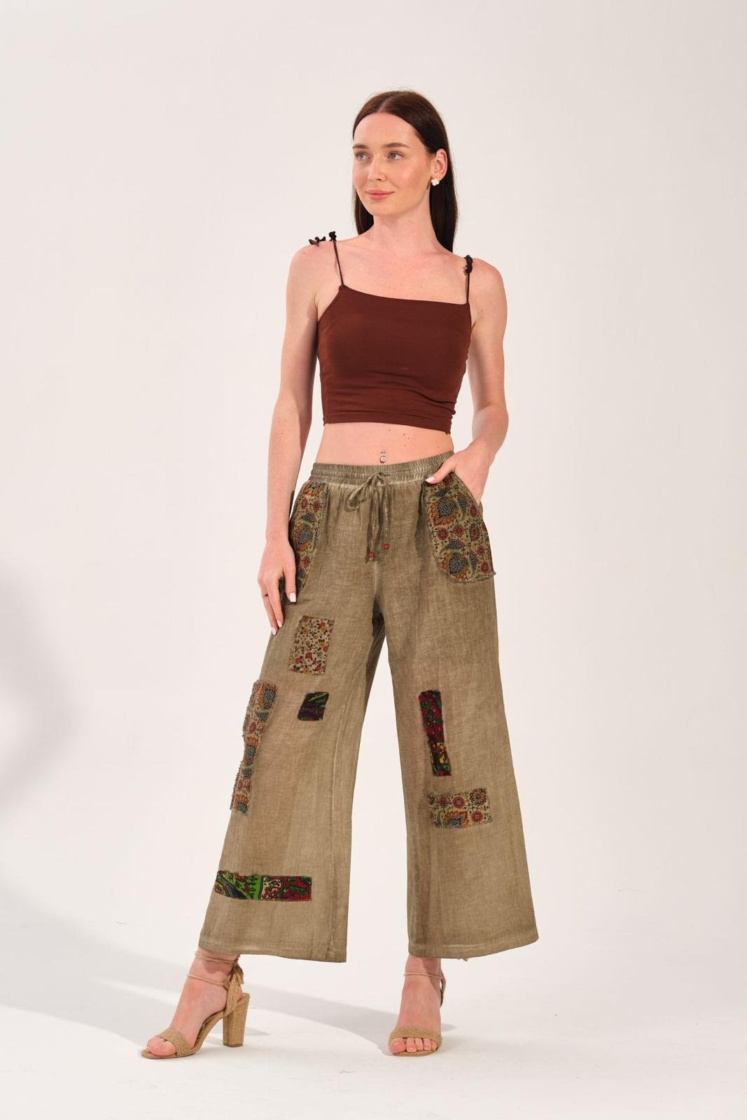 8032 Beli Lastikli Yamalı Pamuk Otantik Şalvar Pantolon