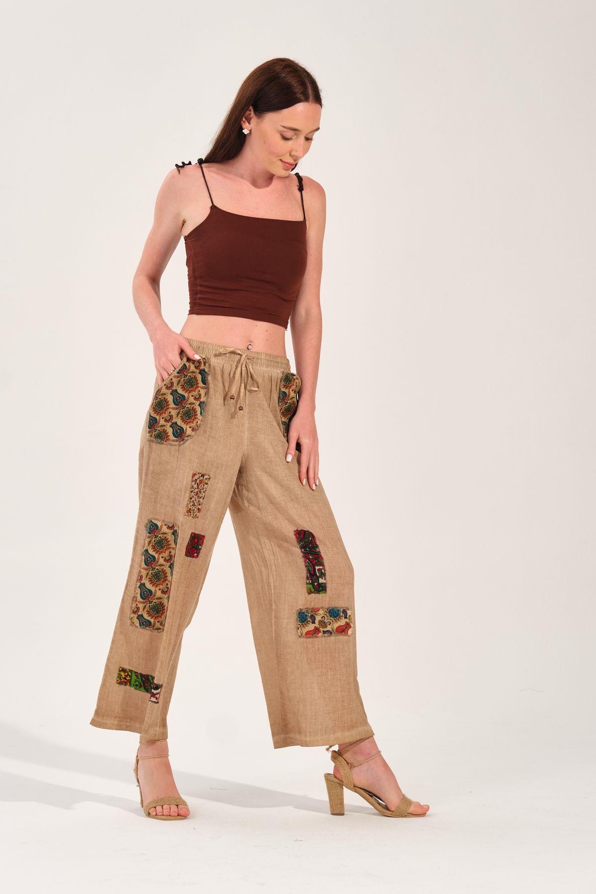 8032 Beli Lastikli Yamalı Pamuk Otantik Şalvar Pantolon