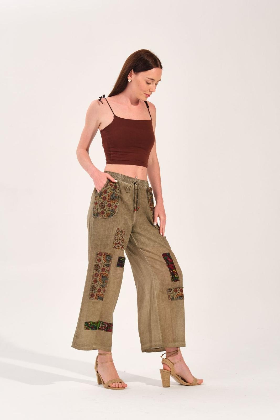 8032 Beli Lastikli Yamalı Pamuk Otantik Şalvar Pantolon