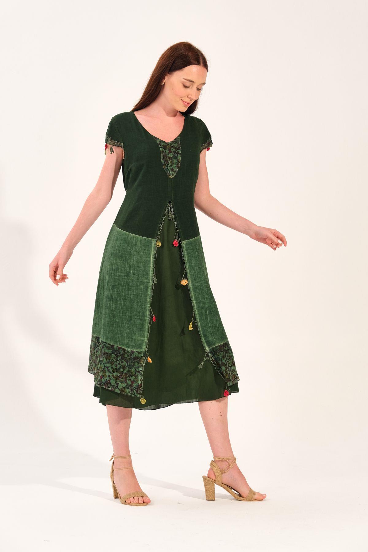 8033 Vyaka Kısa Kol Eteği Parçalı Oya İşleme Otantik Elbise