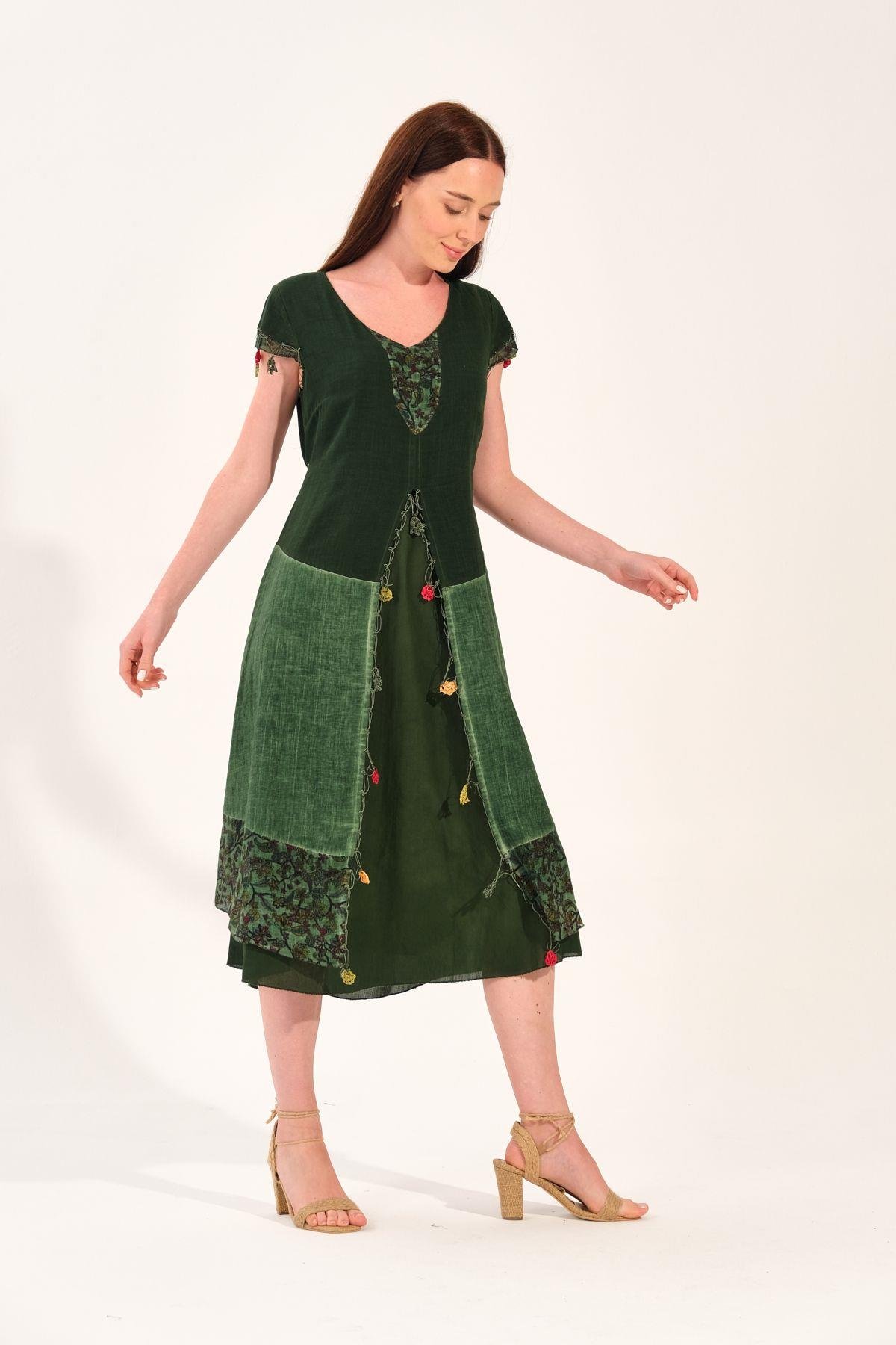 8033 Vyaka Kısa Kol Eteği Parçalı Oya İşleme Otantik Elbise