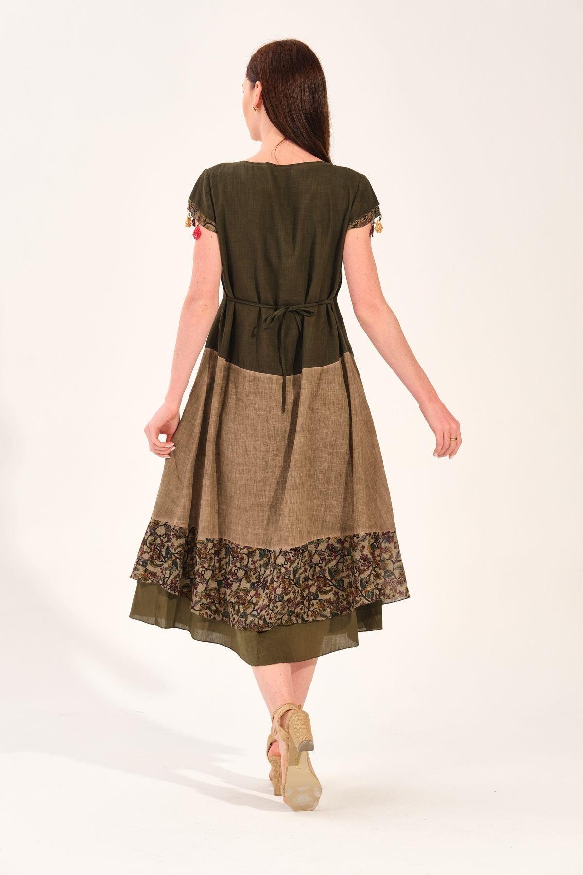 8033 Vyaka Kısa Kol Eteği Parçalı Oya İşleme Otantik Elbise