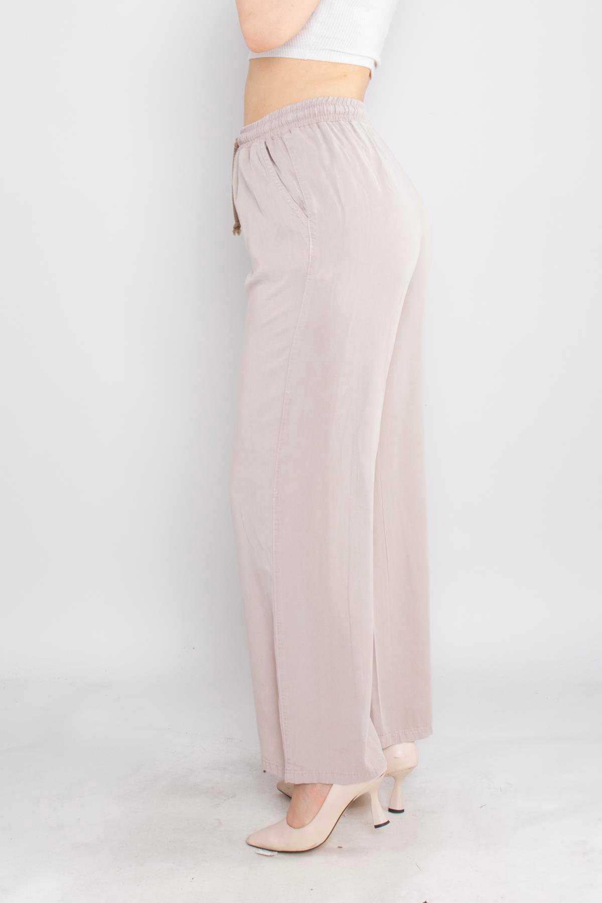 80330 Beli Lastikli Bol Paça Tencel Pantolon