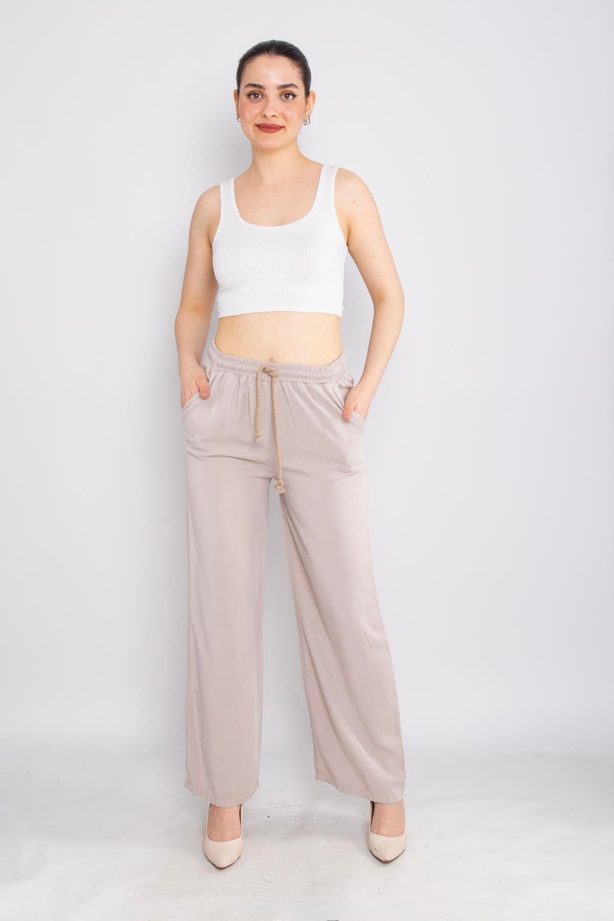 80330 Beli Lastikli Bol Paça Tencel Pantolon