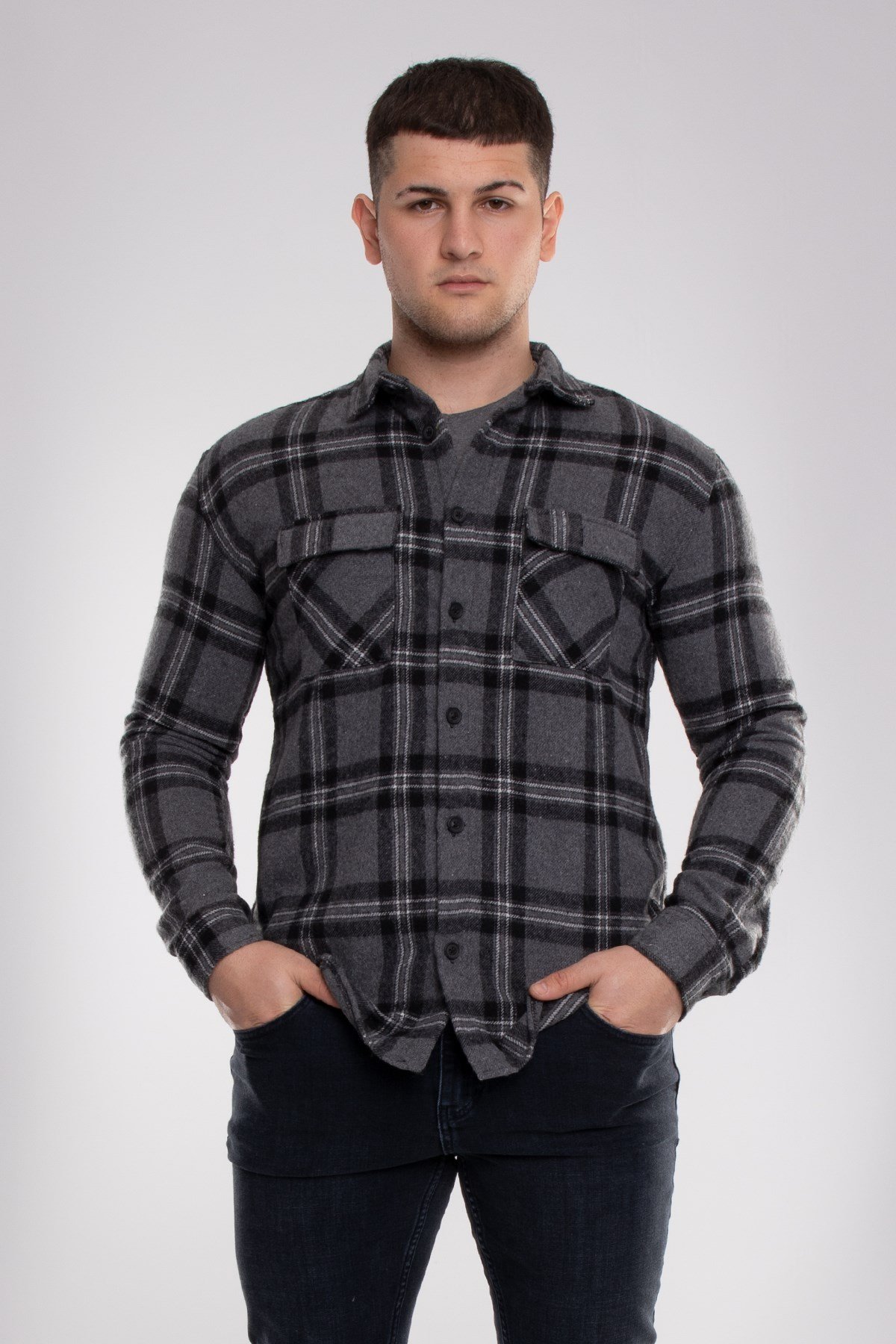 8040 Slimfit Ekose Çift Cep Pamuklu Oduncu Erkek Gömlek