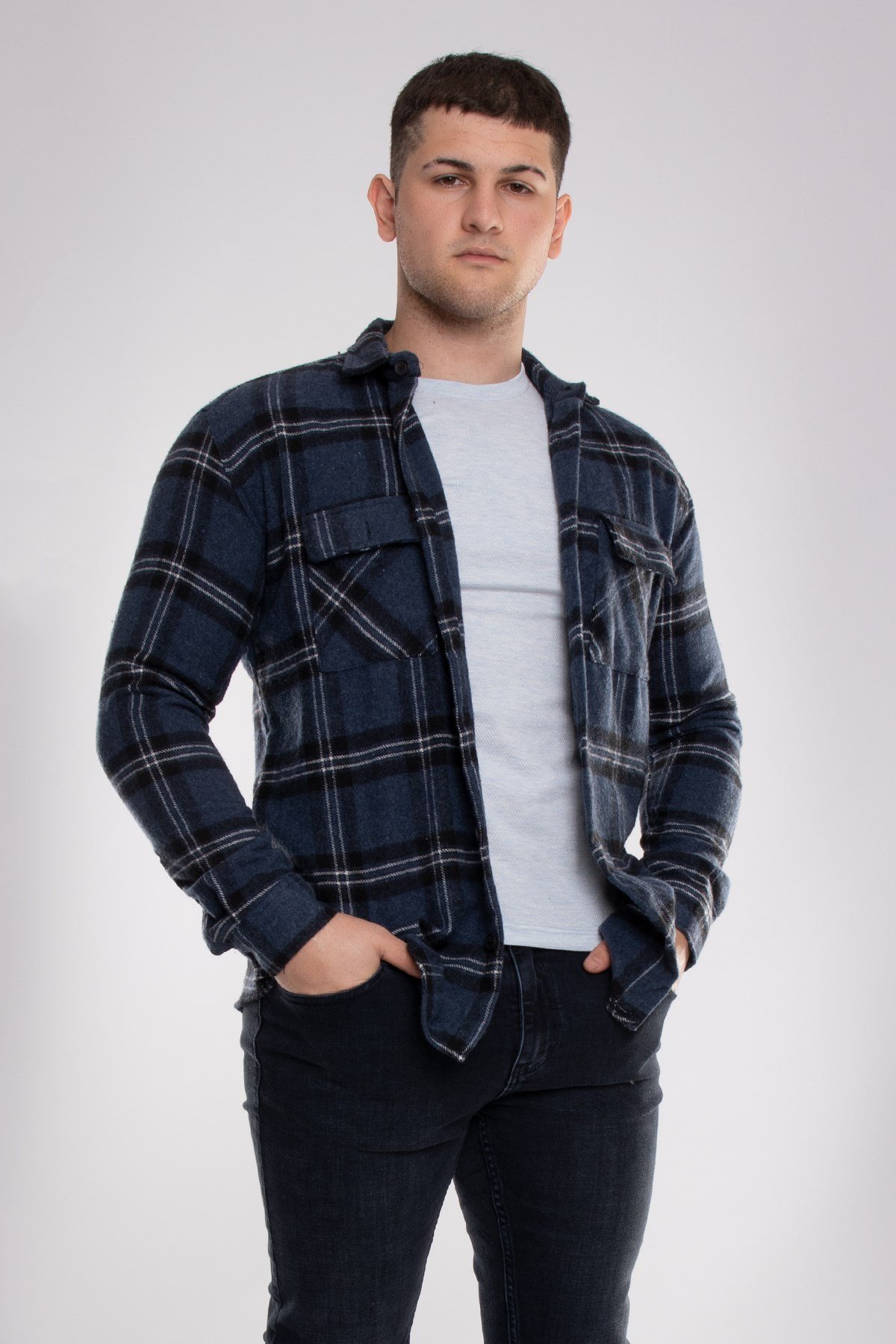 8040 Slimfit Ekose Çift Cep Pamuklu Oduncu Erkek Gömlek