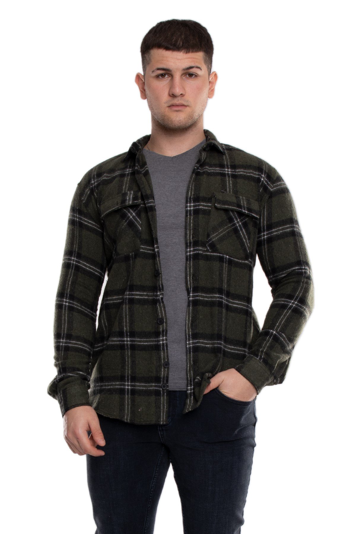 8040 Slimfit Ekose Çift Cep Pamuklu Oduncu Erkek Gömlek