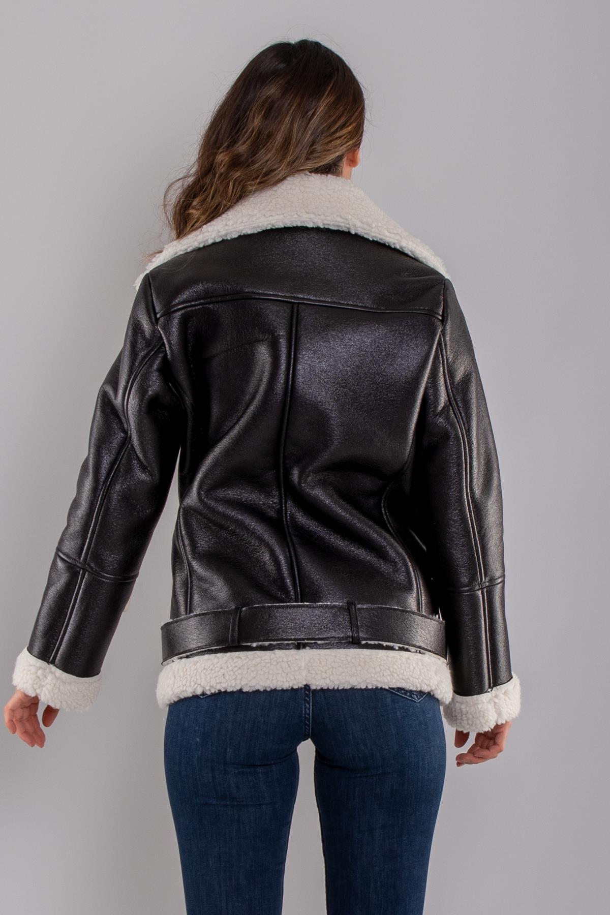 8067 İçi Kürklü Asimetrik Fermuarlı Deri Ceket