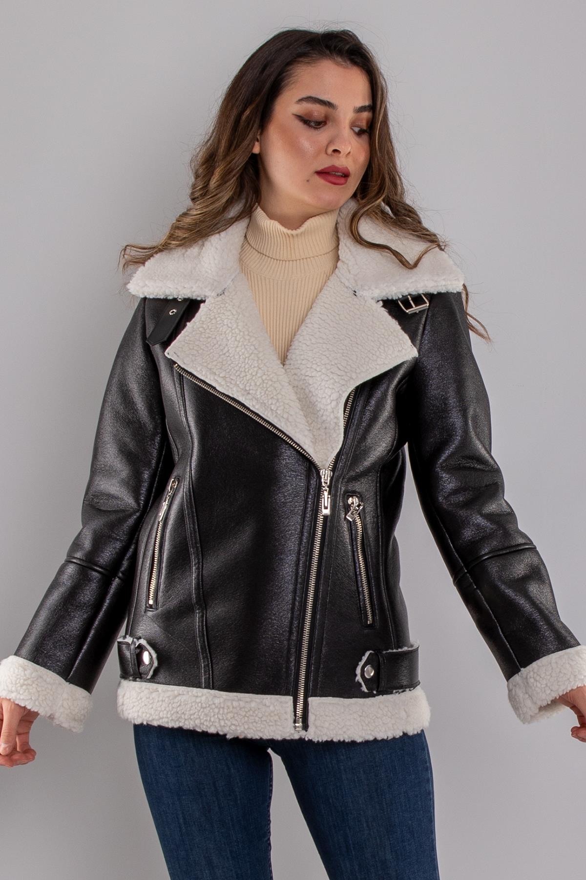 8067 İçi Kürklü Asimetrik Fermuarlı Deri Ceket
