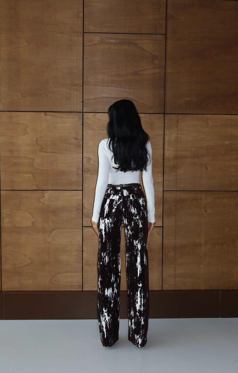 8077 Kadife Flok Baskı Wide Kemerli BolPaça Pantolon