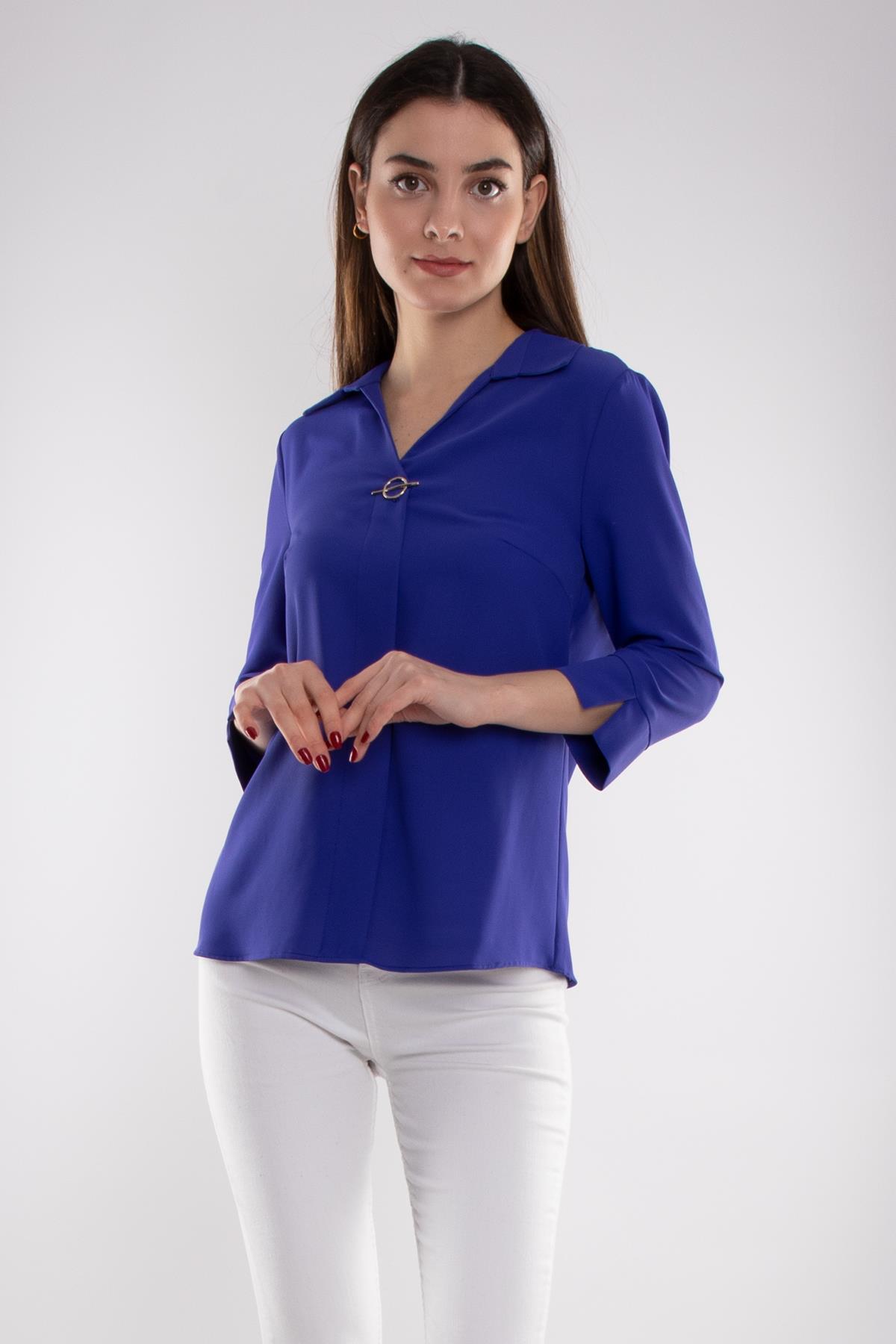 81285 Broşlu Truvakar Kol Krep Bluz