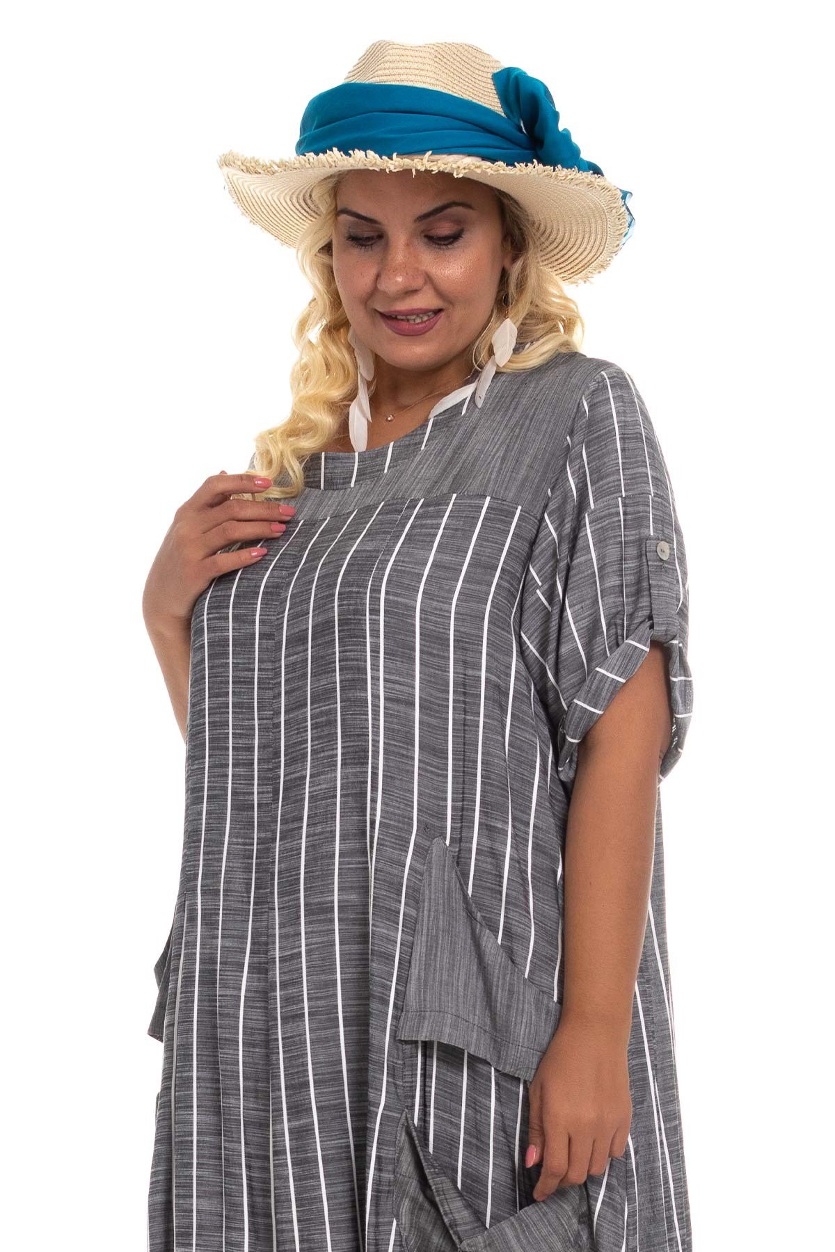 8136 Çizgili Cepli Viscon Elbise