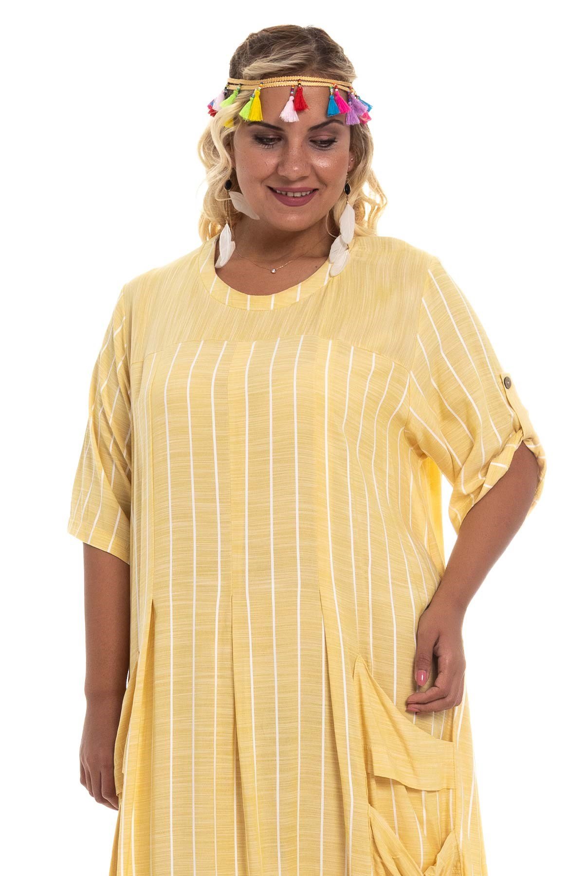 8136 Çizgili Cepli Viscon Elbise