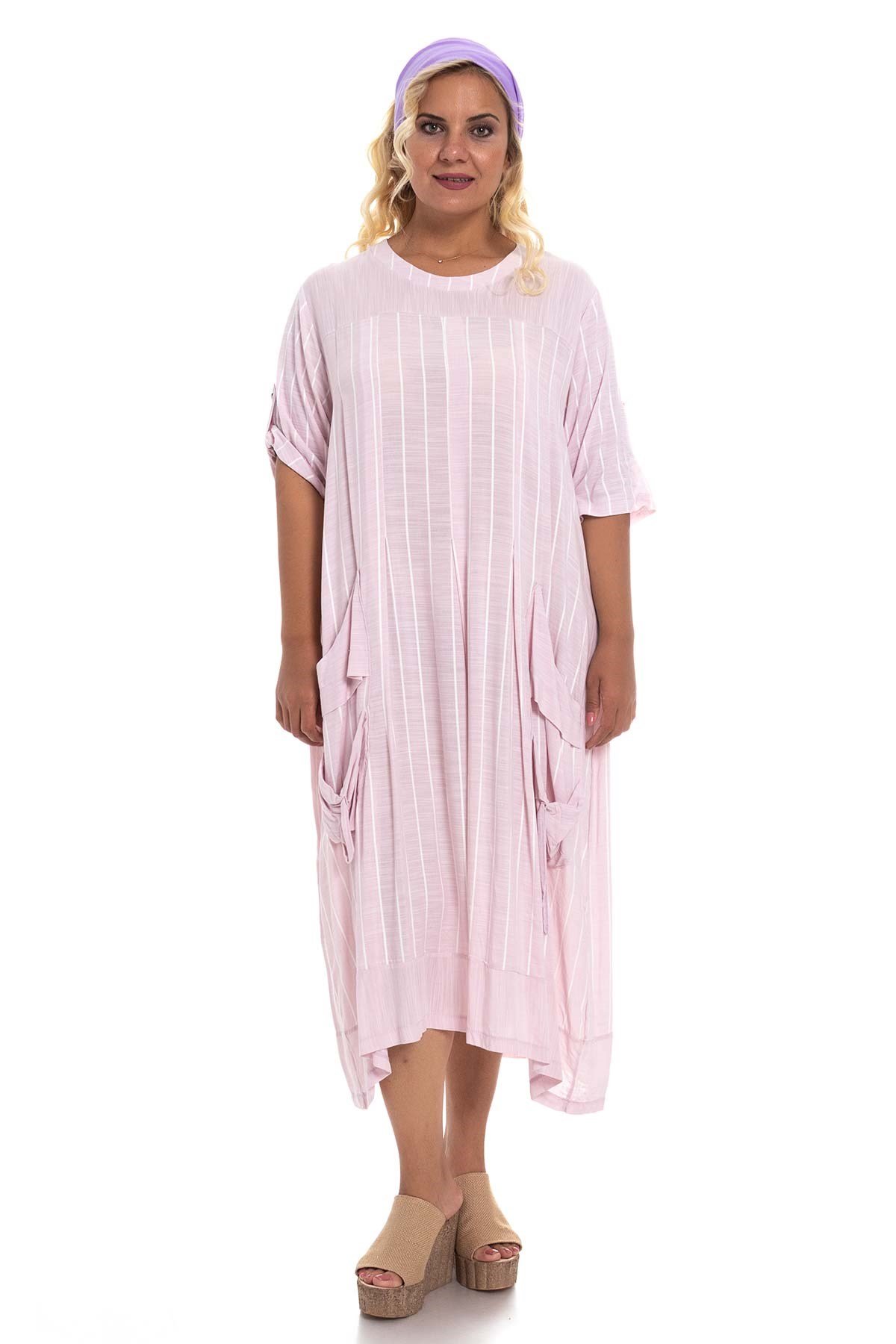 8136 Çizgili Cepli Viscon Elbise