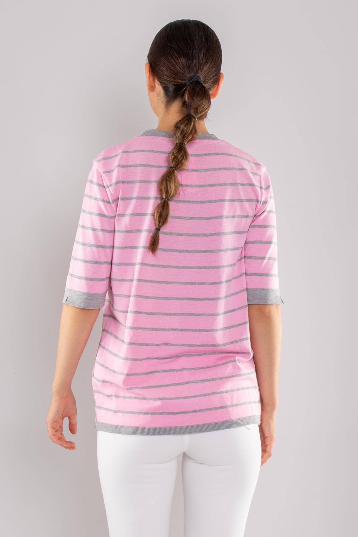 814 Bisiklet Yaka Çizgili Kısa Kol İki Renkli Merserize Kadın Triko