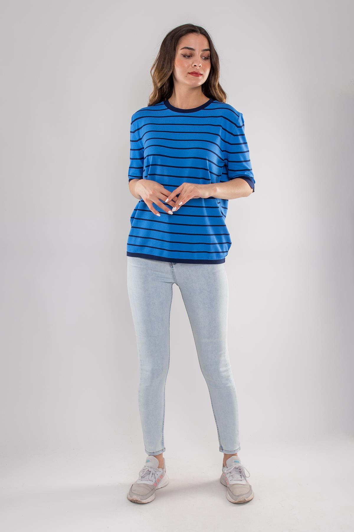 814 Bisiklet Yaka Çizgili Kısa Kol İki Renkli Merserize Kadın Triko