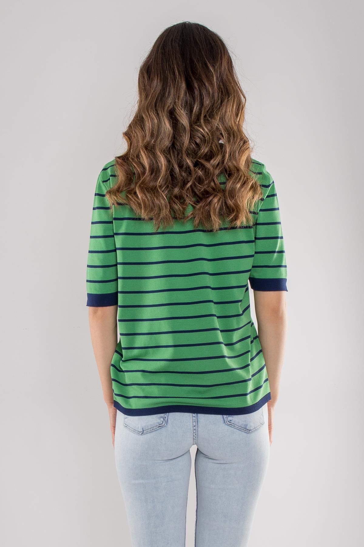 814 Bisiklet Yaka Çizgili Kısa Kol İki Renkli Merserize Kadın Triko