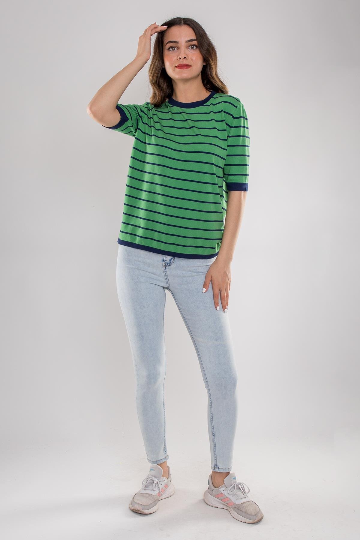 814 Bisiklet Yaka Çizgili Kısa Kol İki Renkli Merserize Kadın Triko