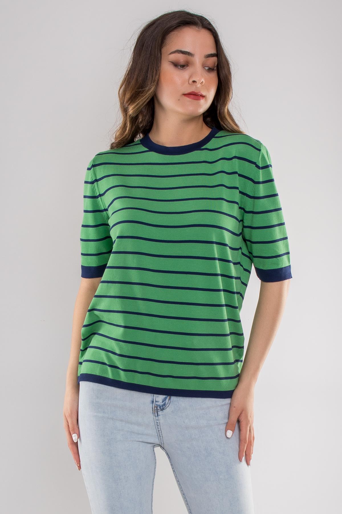814 Bisiklet Yaka Çizgili Kısa Kol İki Renkli Merserize Kadın Triko