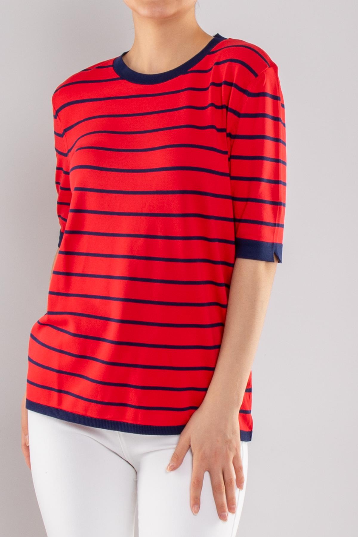 814 Bisiklet Yaka Çizgili Kısa Kol İki Renkli Merserize Kadın Triko