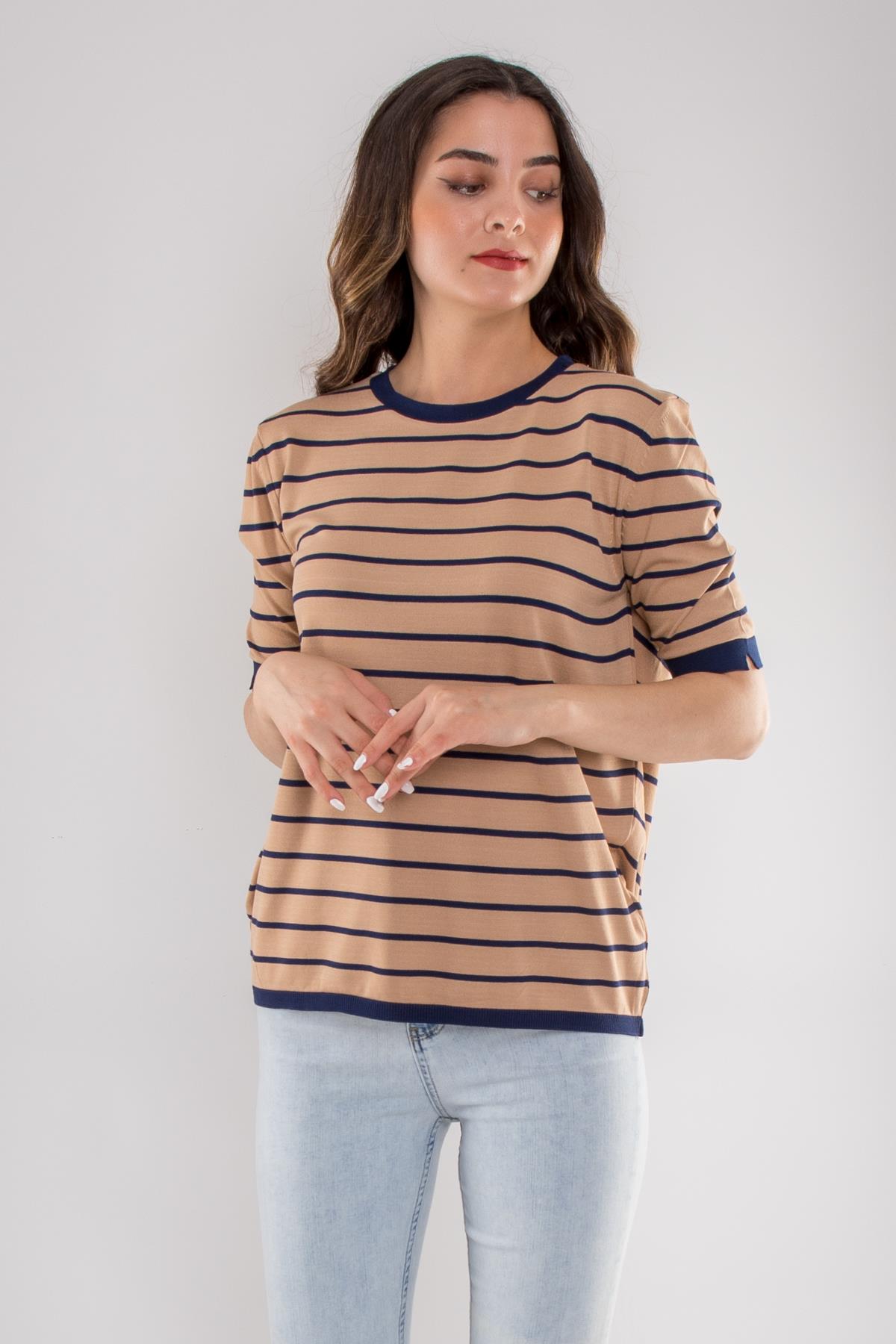 814 Bisiklet Yaka Çizgili Kısa Kol İki Renkli Merserize Kadın Triko