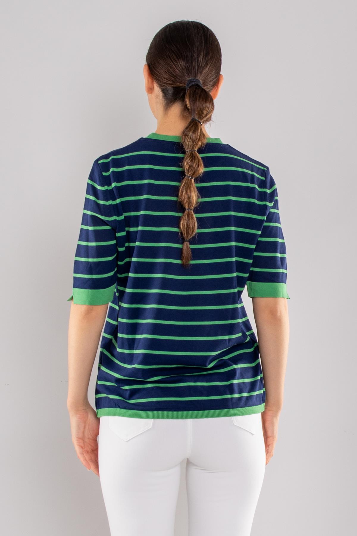 814 Bisiklet Yaka Çizgili Kısa Kol İki Renkli Merserize Kadın Triko