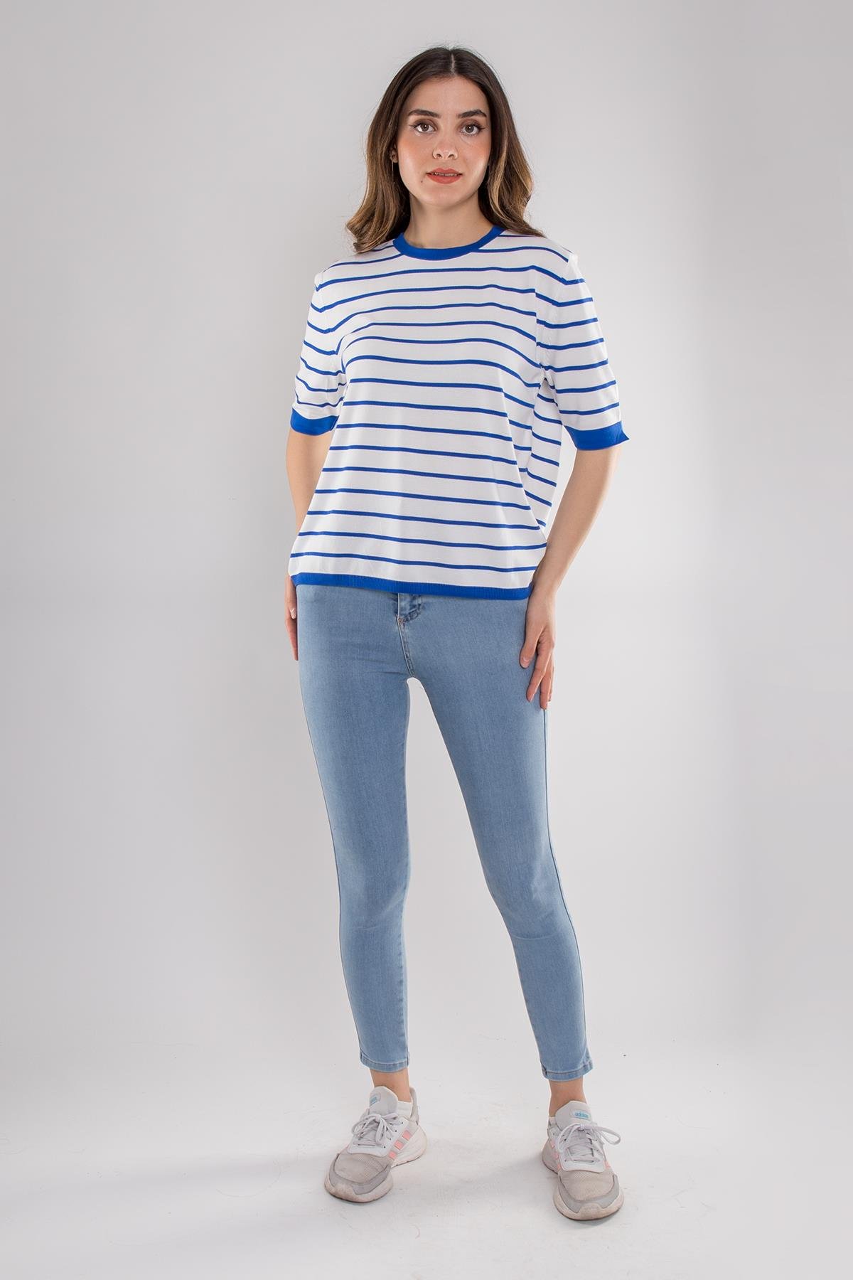 814 Bisiklet Yaka Çizgili Kısa Kol İki Renkli Merserize Kadın Triko