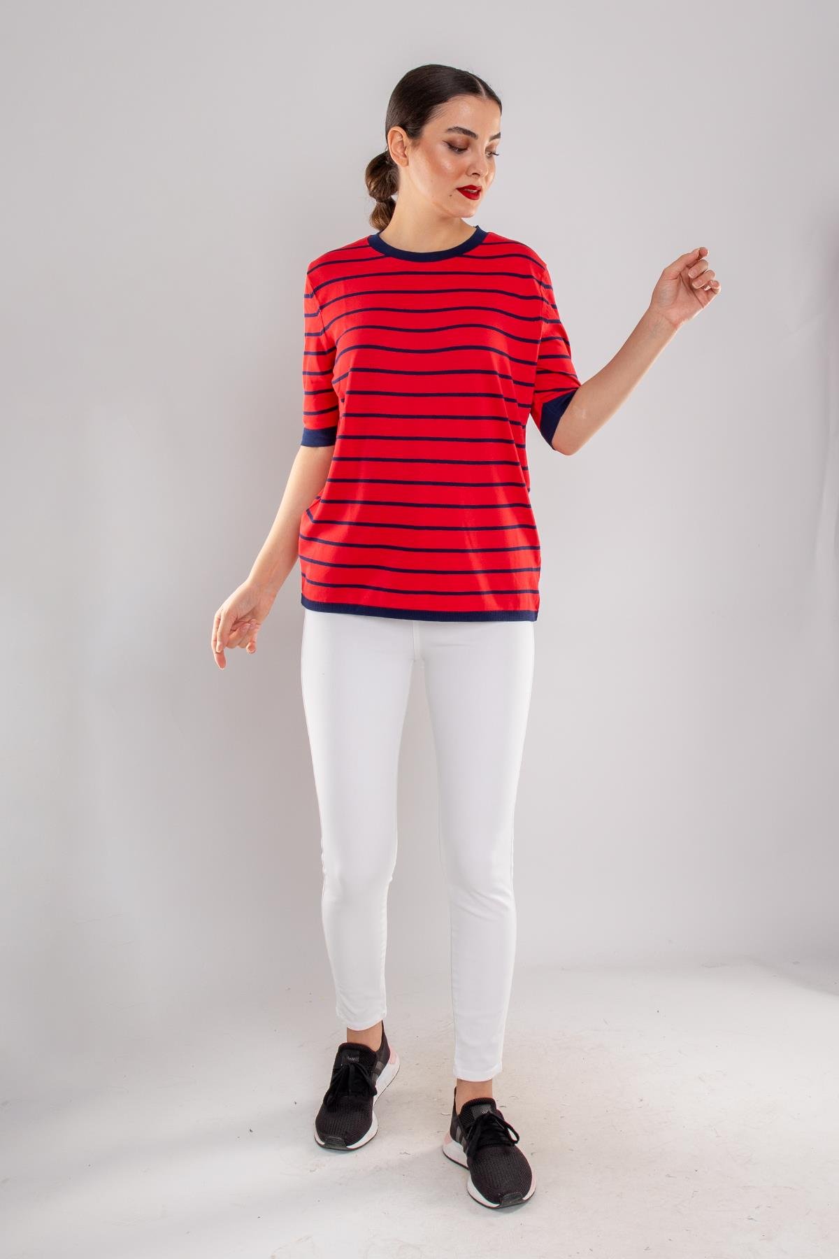 814 Bisiklet Yaka Çizgili Kısa Kol İki Renkli Merserize Kadın Triko