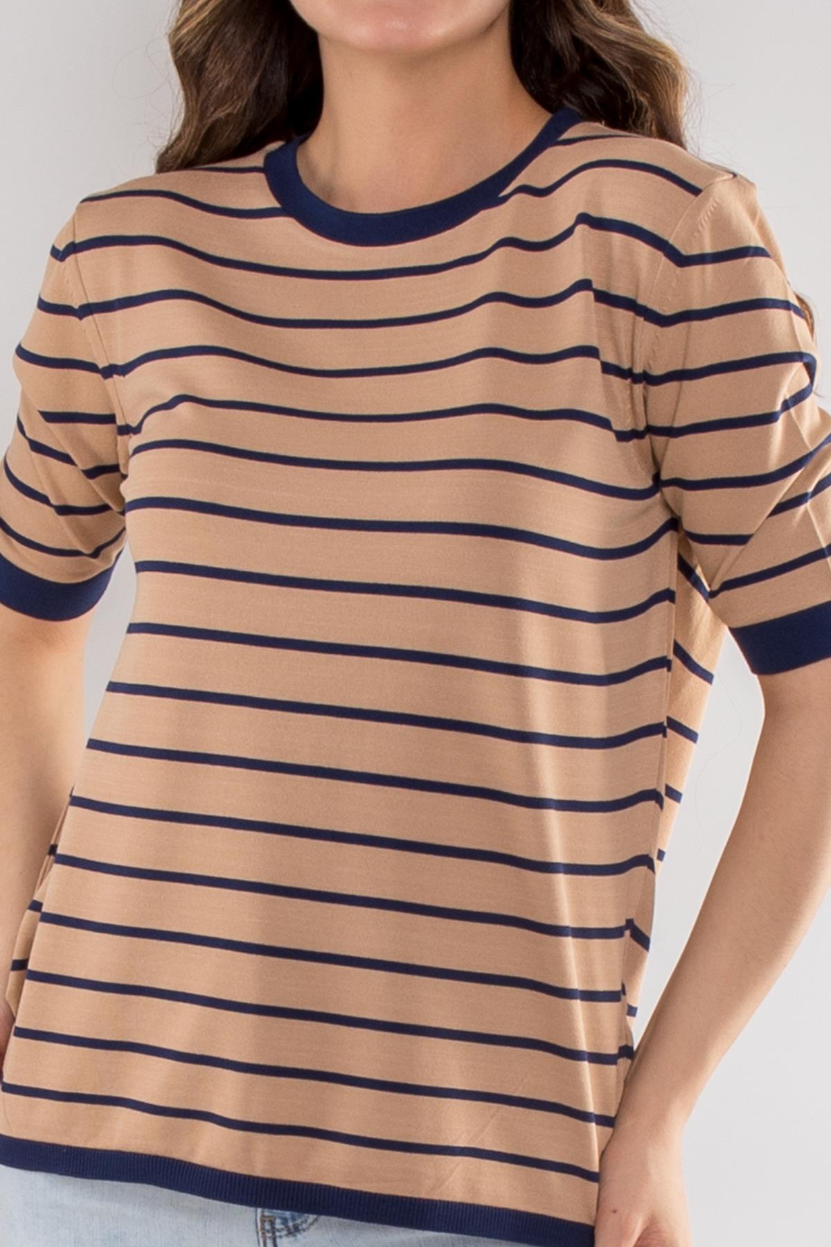 814 Bisiklet Yaka Çizgili Kısa Kol İki Renkli Merserize Kadın Triko
