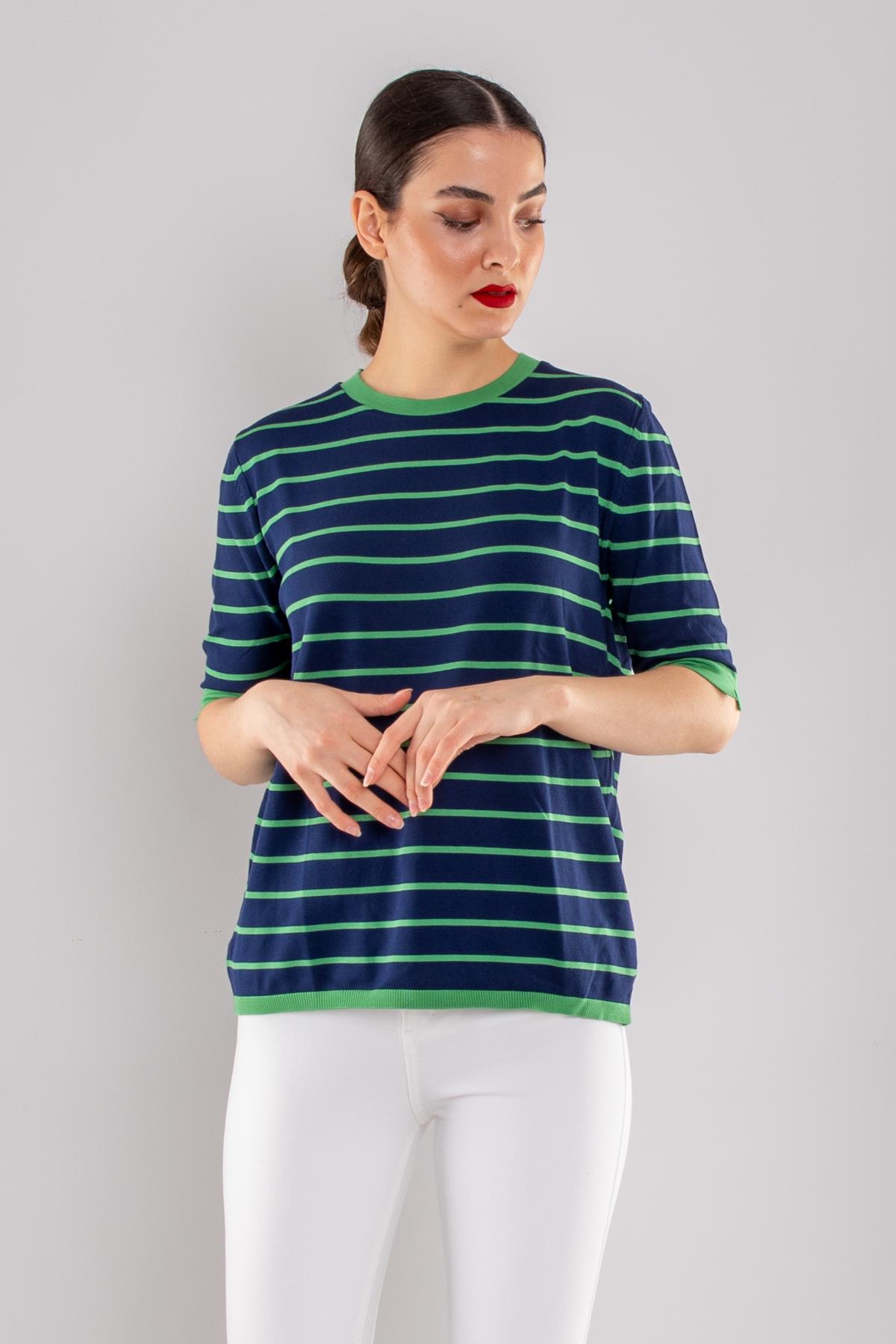 814 Bisiklet Yaka Çizgili Kısa Kol İki Renkli Merserize Kadın Triko
