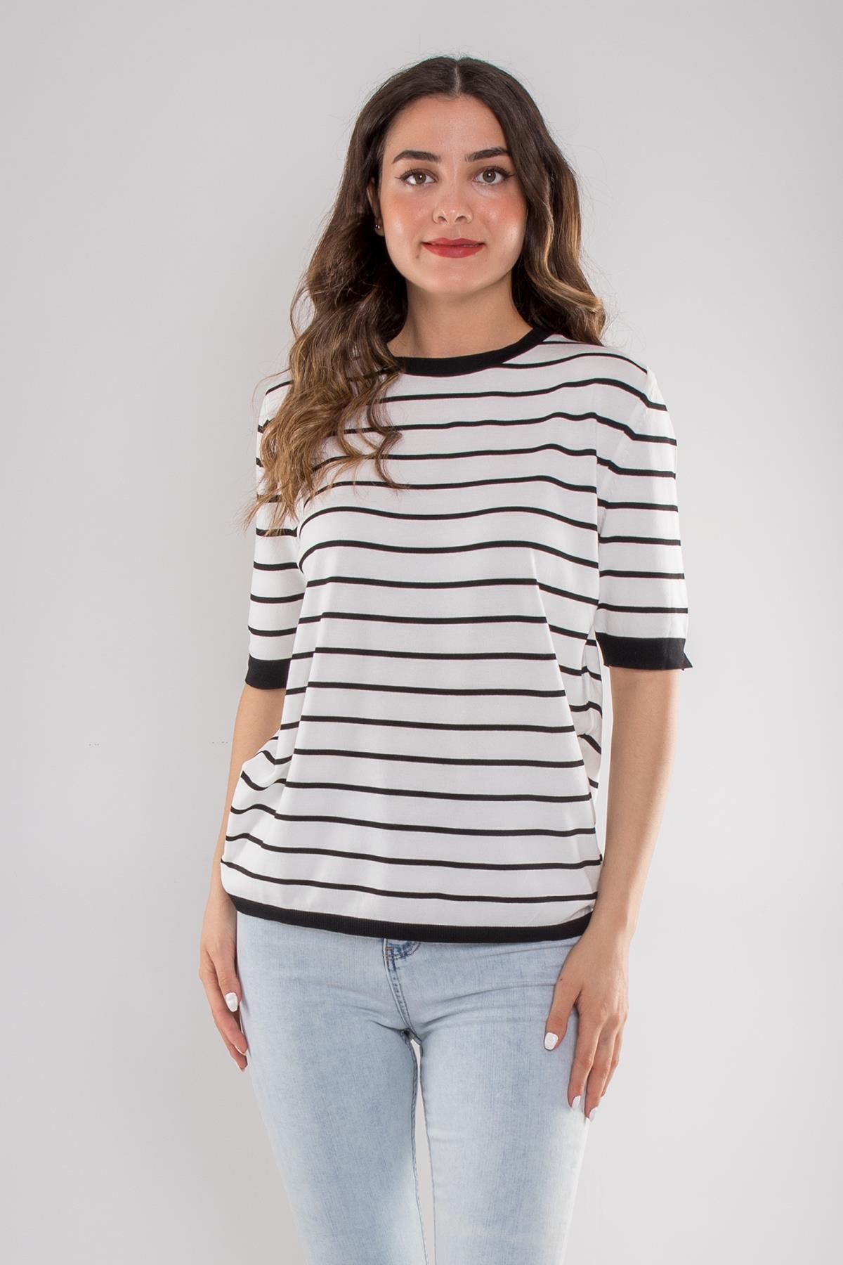 814 Bisiklet Yaka Çizgili Kısa Kol İki Renkli Merserize Kadın Triko