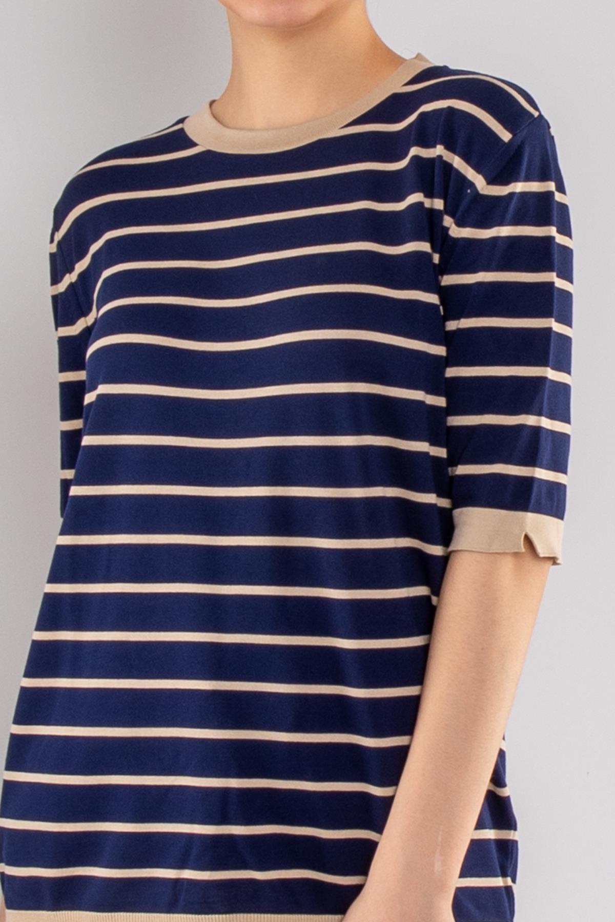 814 Bisiklet Yaka Çizgili Kısa Kol İki Renkli Merserize Kadın Triko