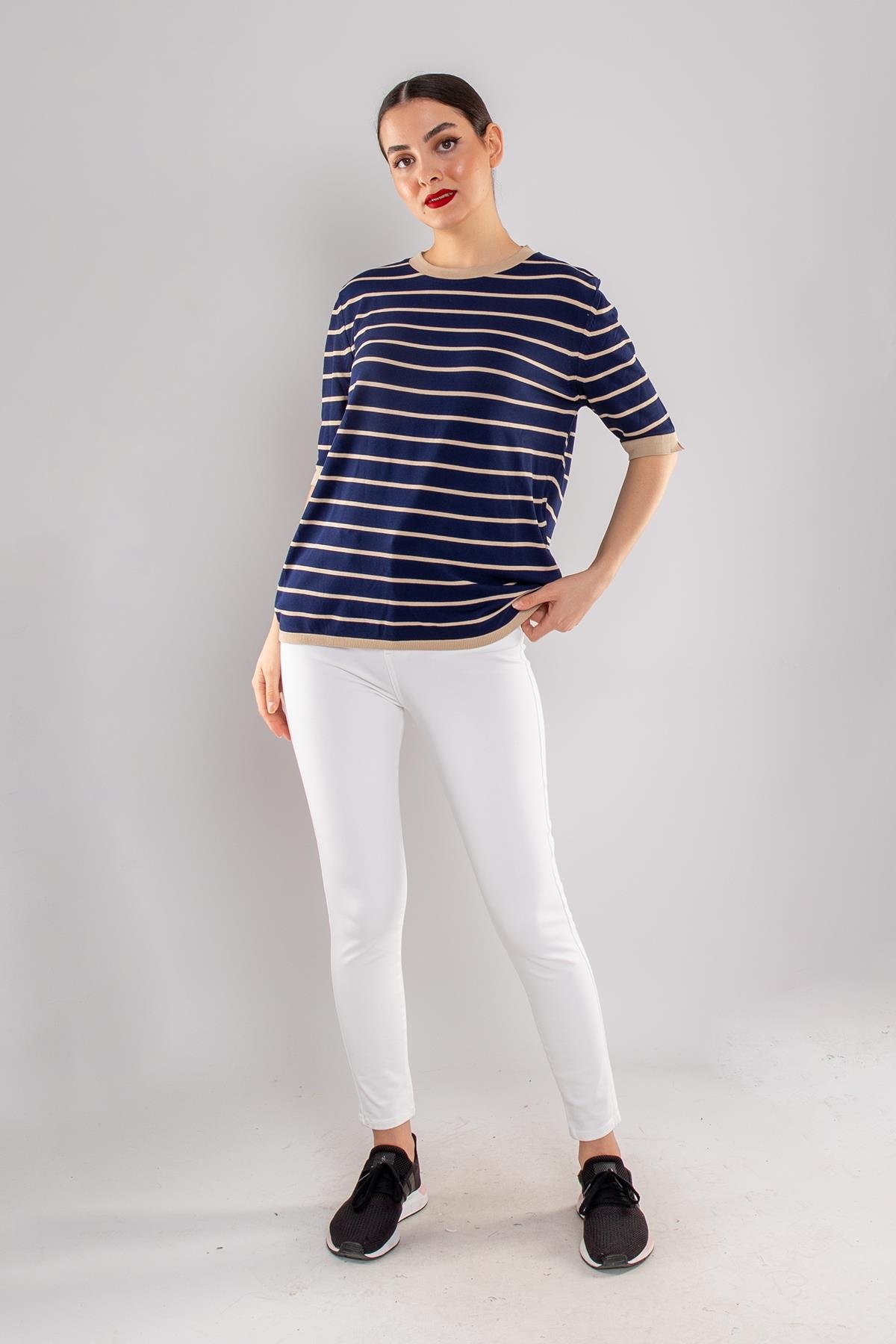 814 Bisiklet Yaka Çizgili Kısa Kol İki Renkli Merserize Kadın Triko