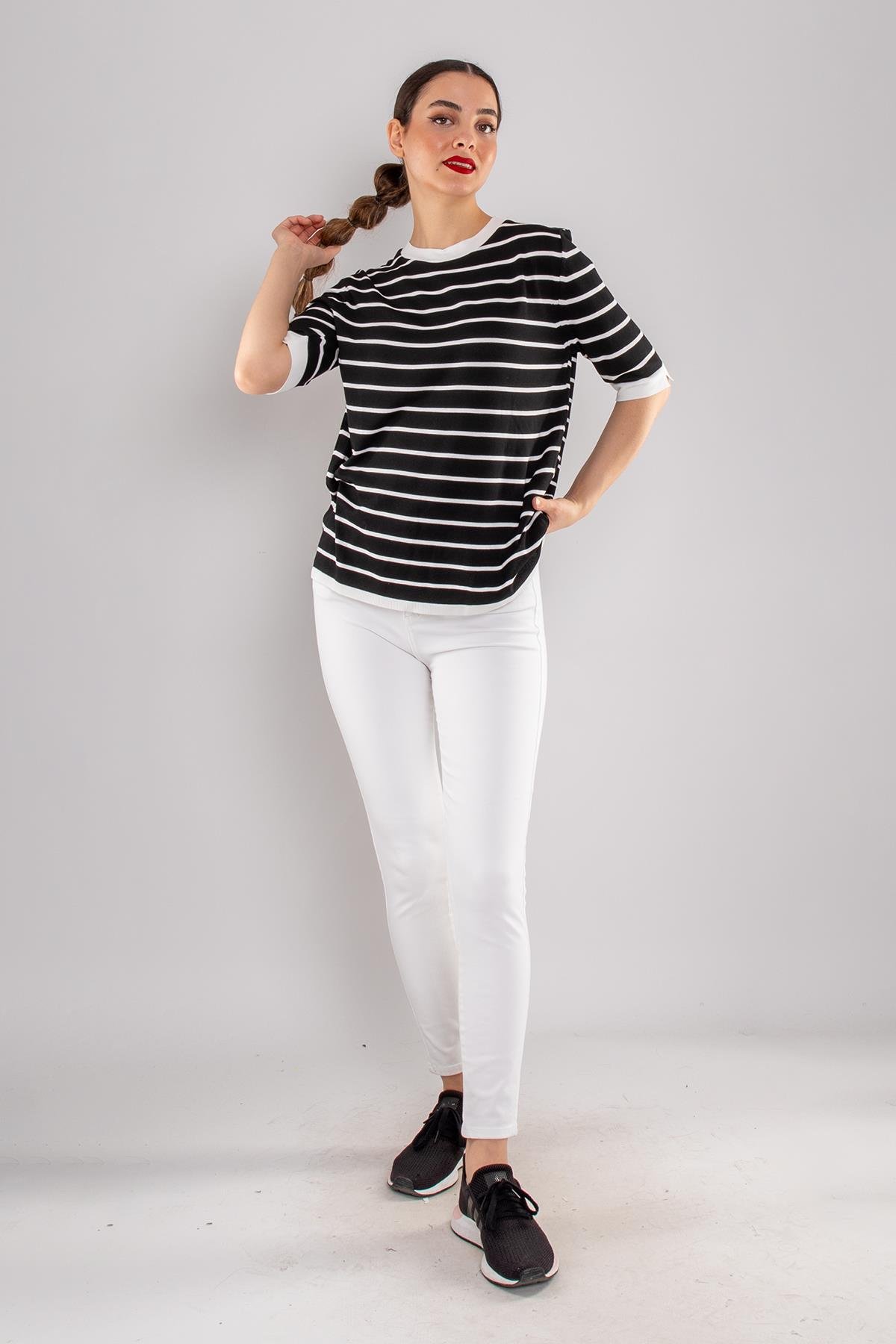 814 Bisiklet Yaka Çizgili Kısa Kol İki Renkli Merserize Kadın Triko